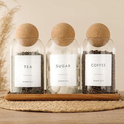 Coffee Sugar Tea Container Set, 3 Pack Glass Jars with Cork Lids, Apothecary Jars with Tray for Bathroom, Decorative Qtip and Cotton Ball Holder, Cute Display Jars for Coffee Bar (27oz) - Image 2