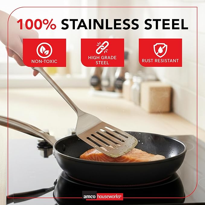 Amco 5 Piece Stainless Steel Cooking Utensil Set - Durable Kitchen Gadgets - Metal Kitchen Accessories - Easy to Clean Kitchen Tools - Image 5