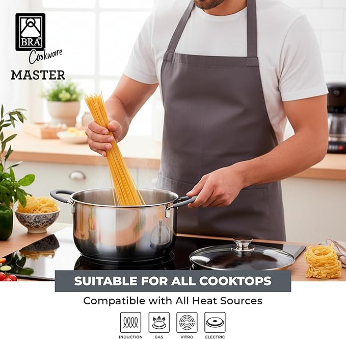 BRA COOKWARE Master Stainless Steel Stock Pot w/Glass Lid | 8 Inch 2.4 Quart Premium 18/10 Cooking Pot | PFAS Free Deep Pot | Silicone Coated Handles | All Cooktops (incl. Induction) | Shiny Finish