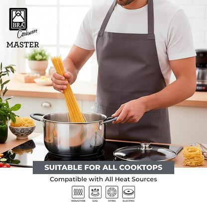 BRA COOKWARE Master Stainless Steel Stock Pot w/Glass Lid | 8 Inch 2.4 Quart Premium 18/10 Cooking Pot | PFAS Free Deep Pot | Silicone Coated Handles | All Cooktops (incl. Induction) | Shiny Finish