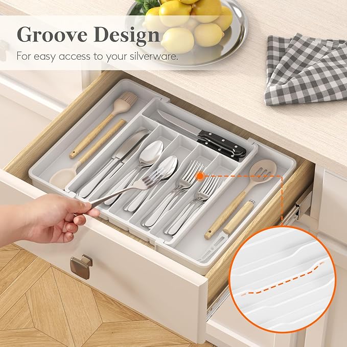 Lifewit Silverware Drawer Organizer, Expandable Utensil Tray for Kitchen, BPA Free Flatware and Cutlery Holder, Adjustable Plastic Storage for Spoons Forks Knives, 10.9"-17.5" x 13.7", White - Image 8