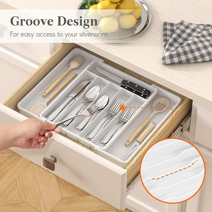 Lifewit Silverware Drawer Organizer, Expandable Utensil Tray for Kitchen, BPA Free Flatware and Cutlery Holder, Adjustable Plastic Storage for Spoons Forks Knives, 10.9"-17.5" x 13.7", White - Image 8