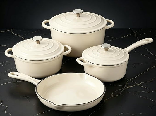 QuliMetal Enameled Cast Iron Cookware Set, 4-Piece Pots and Pans Set with Lids, 10.25" Skillet, 2QT Saucepan, 2.8QT & 4.8QT Dutch Ovens, Oven Safe to 500°F, All Stovetops Compatible - Cream White