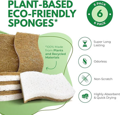 AIRNEX Natural Kitchen Sponges (6 Pack) - Biodegradable Cellulose & Coconut Scrubber Dish Sponges for Kitchen - Eco-Friendly, Non Scratch, Compostable, Non Toxic S-Shaped Natural Sponges for Dishes - Image 3