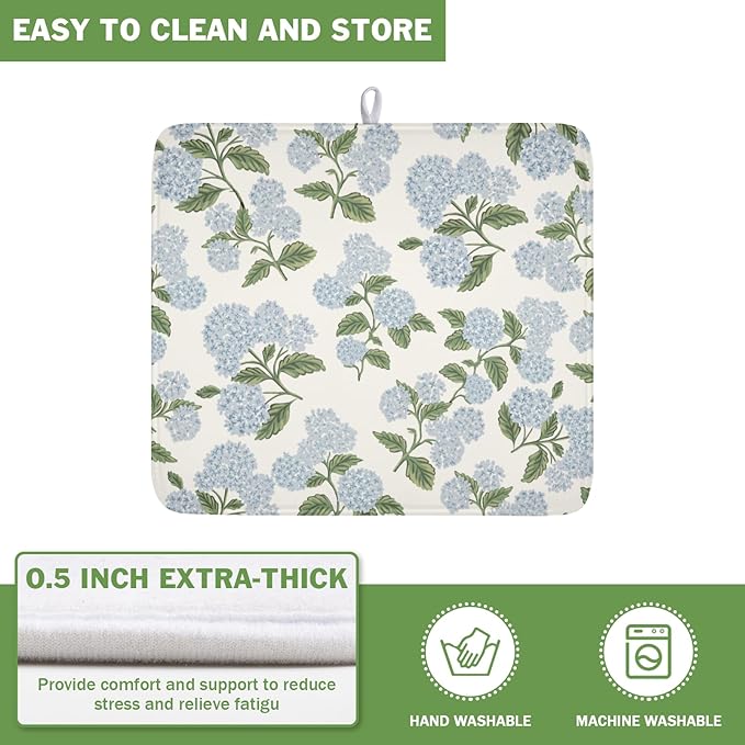 Blue Hydrangea Floral Dish Drying Mat for Kitchen Counter Spring Summer Vintage Flower Microfiber Dish Drainer Mat Rustic Farmhouse Absorbent Washable Drying Pad 16"x18"