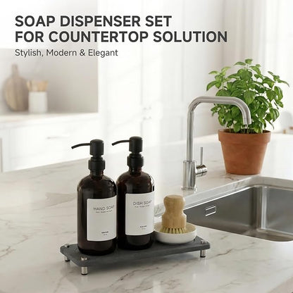 2 Pack Kitchen Soap Dispenser Set - 16oz Black Glass Dish and Hand Soap Dispenser with Stainless Steel Pump, Instant Dry Tray, Dish Brush & Holder, Refillable Countertop Sink Decor for Kitchen & Bath - Image 7
