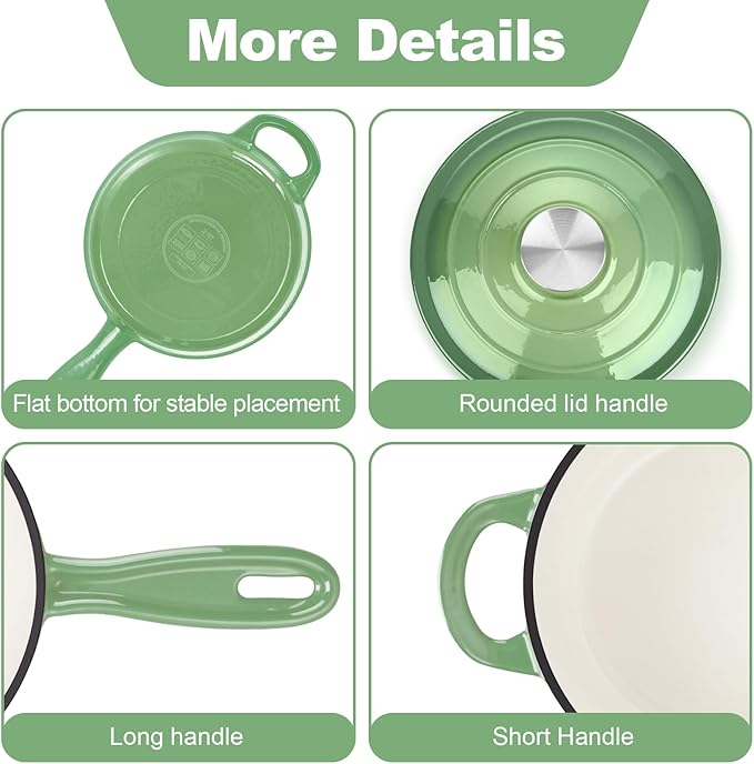 HaSteeL 1 QT Cast Iron Saucepan, Mini Enamel dutch oven with lid, Small Non Stick Pan for Milk, Pasta Tomato Sauce, Butter, Breakfast, Soup, Suitable for Boiling Stewing Frying, Easy to Clean, Green