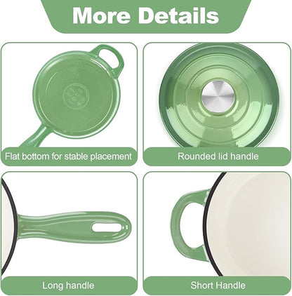 HaSteeL 2 QT Cast Iron Saucepan, Mini Enamel dutch oven with lid, Small Non Stick Pan for Milk, Pasta Tomato Sauce, Butter, Breakfast, Soup, Suitable for Boiling Stewing Frying, Easy to Clean, Green