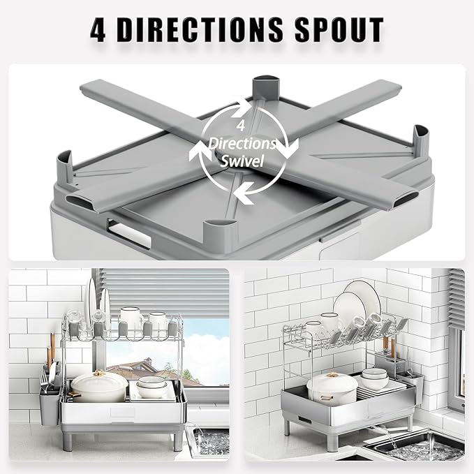 Ewaiira Dish Drying Rack, 2 Tier Large Dish Rack, Stainless Steel Dish Drainer for Kitchen Counter, Dishes Rack with Automatic Drainage, Utensil Holder&Cups Holder,Space Saving Kitchen Organizer,White - Image 3