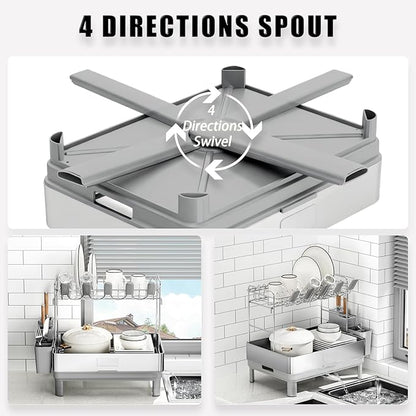Ewaiira Dish Drying Rack, 2 Tier Large Dish Rack, Stainless Steel Dish Drainer for Kitchen Counter, Dishes Rack with Automatic Drainage, Utensil Holder&Cups Holder,Space Saving Kitchen Organizer,White - Image 3