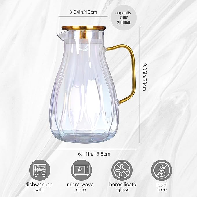68 oz Glass Pitcher with Lid Water Pitcher with Handle and Spout Heat Resistant Water Carafes Jug Cold Brew Iced Tea Sun Tea Jar Bedside Drink Dispenser Milk(clear) - Image 4