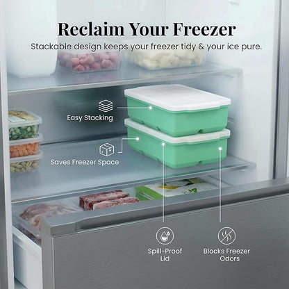KitchFort Large Silicone Ice Cube Tray (2-Pack), Easy Release 2" Big Ice Cubes - Cocktail, Whiskey Ice Cubes Mold - Ice Trays for Freezer with Lid - Stackable Silicone Ice Tray - Green - Image 5