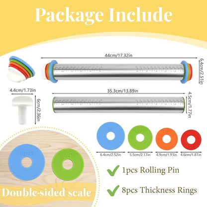 Adjustable Rolling Pin with 4 Thickness Rings for Baking, 17” Stainless Steel Dough Roller with Clear Measurement Markings for Pizza, Fondant, Pie, Cookies, Baking Supplies, Pastry, Pasta - Image 2
