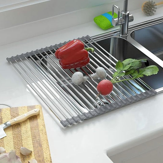 CHIRISEN Expandable Large Roll Up Dish Drying Rack 18 Tube 21.25x12.79''Collapsible Over The Sink Rack Non-Slip Silicone Rolling Dish Drainer Stainless Steel Roll Rack for Kitchen Sink Counter (Gray)