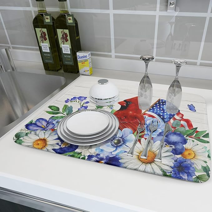 4th of July Dish Drying Mat for Kitchen Counter Cardinal Patriotic Flowers Microfiber Absorbent Dish Draining Reusable Washable Foldable Extra Large 18"x24" - Image 6