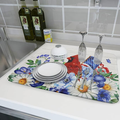 4th of July Dish Drying Mat for Kitchen Counter Cardinal Patriotic Flowers Microfiber Absorbent Dish Draining Reusable Washable Foldable Extra Large 18"x24" - Image 6