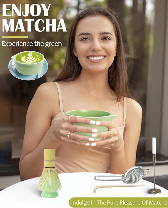 Vaiheng Matcha Whisk Set with Matcha Bowl, Matcha Whisk Holder Matcha Bamboo Whisk, Scoop, Sifter, Unique Gifts for Women Men Girl Friend Home Kitchen Decor（Light Green） - Image 5