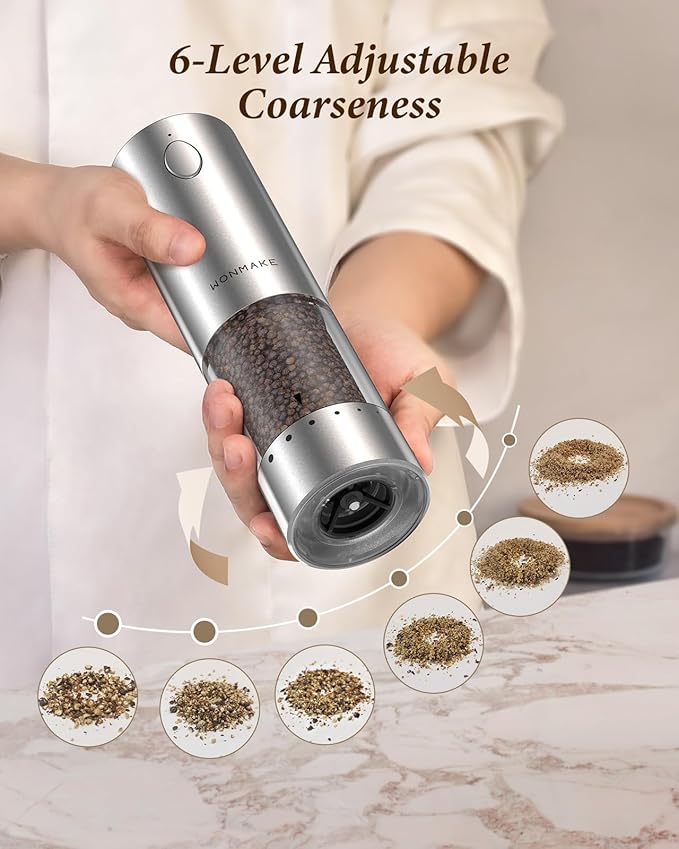 Electric Salt and Pepper Grinder Set - Automatic Refillable Salt and Pepper Grinders with Charging Base & LED Light, 6-Level Adjustable Coarseness with External Dial, Ideal Kitchen Gadget，Silver - Image 3