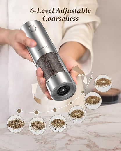 Electric Salt and Pepper Grinder Set - Automatic Refillable Salt and Pepper Grinders with Charging Base & LED Light, 6-Level Adjustable Coarseness with External Dial, Ideal Kitchen Gadget，Silver - Image 3