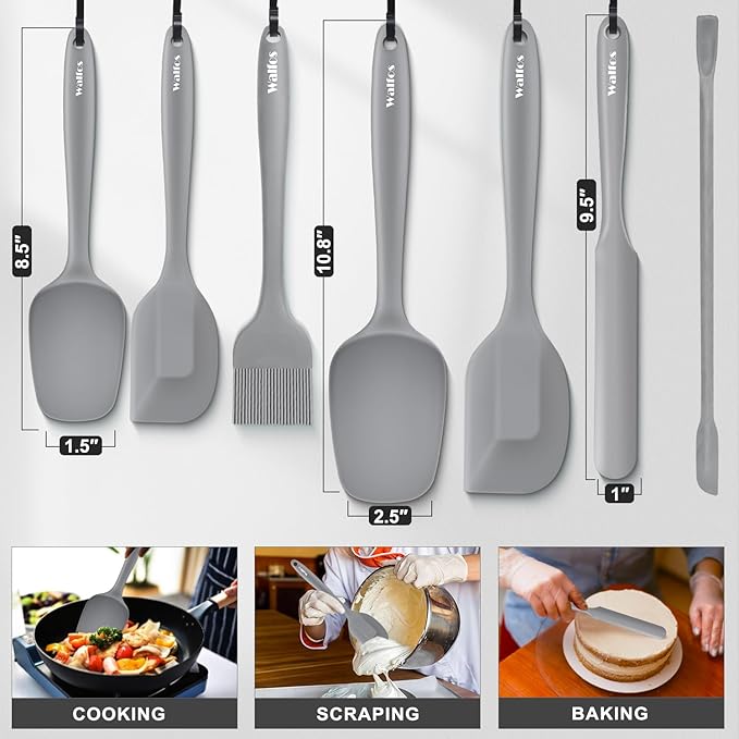 Walfos Silicone Spatula Set (7pcs) - 600℉ Heat Resistant Silicone Scraper Spatulas with Stainless Steel Core, Non Stick Flexible Rubber Spatula for Cooking, Baking and Mixing, Gray - Image 6