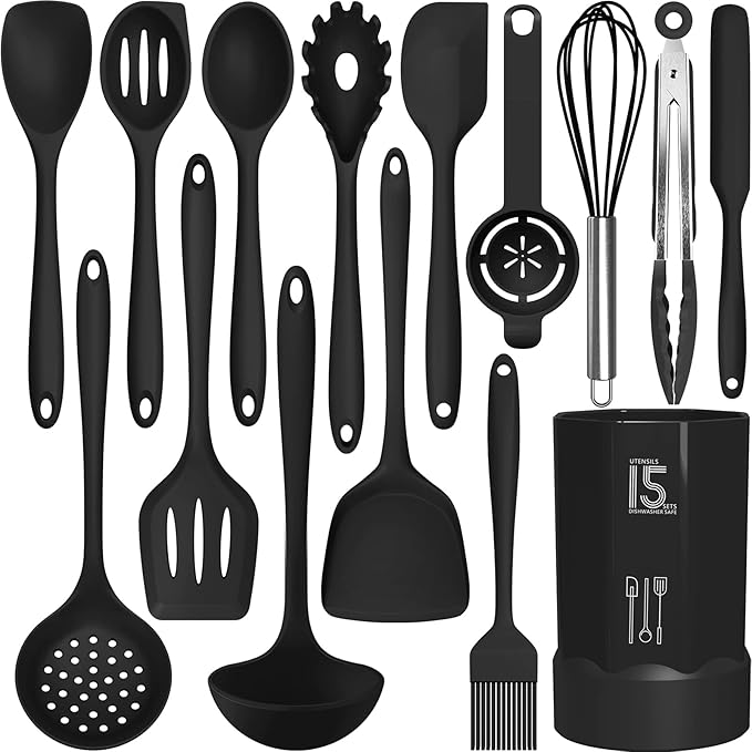 AOTHOD Silicone Cooking Utensils Set - 446°F Heat Resistant Kitchen Utensils,Turner Tongs,Spatula,Spoon,Brush,Whisk,Kitchen Utensil Gadgets Tools Set for Nonstick Cookware,Dishwasher Safe (BPA Free) by Safeandsuitableforuse