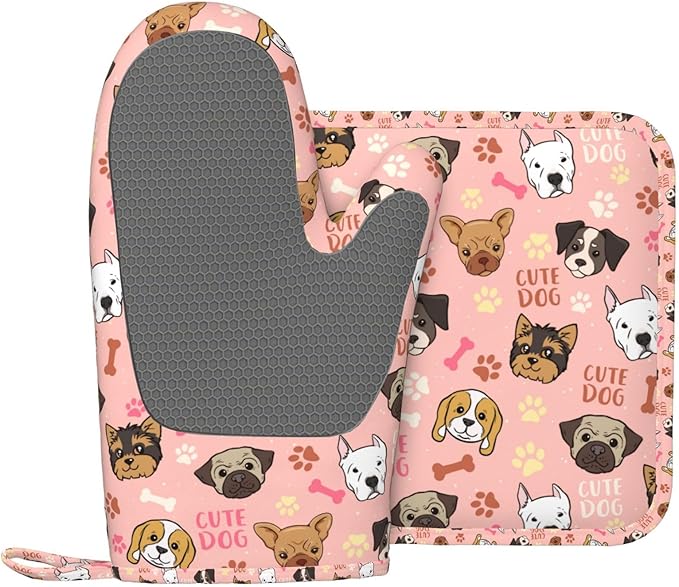 Cute Dog Oven Mitts and Pot Holders Set, Puppy Kitchen Accessories Heat Resistant to 500°F, Non-Slip Silicone Grips for Baking, Cooking, Grilling, BBQ - Gift for Dog Lovers