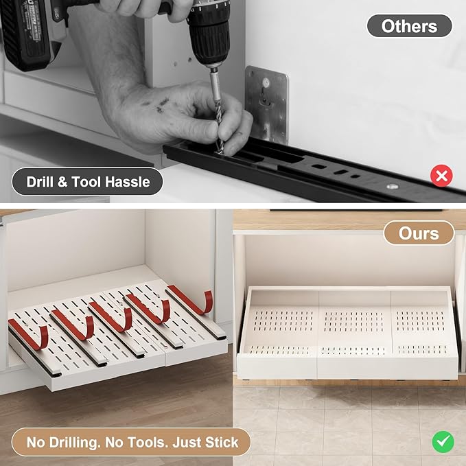 Pull out Cabinet Organizer,Expandable Width(23"-31"),Depth(17"-24") with 5 Rails,Roll out Drawers,No Drill Adjustable Slide out Shelves for Kitchen,Pantry,for Both Lip and Lip-Free Cabinets,White(1PC) - Image 6