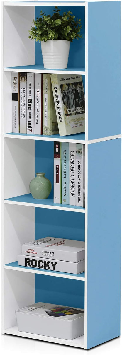 Furinno LUDER Book Shelf, 5-Tier Bookshelf, Bookcase with Open Shelves, 9.4 x 15.8 x 52, Easy Assembly, for Living Room, Bedroom, Home Office, White/Light Blue by Furinno-FitsYourSpaceFitsYourBudget