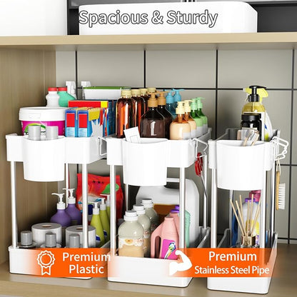 3 Pack Under Sink Organizers and Storage, 2 Tier Bathroom Cabinet Organizer Shelf with Hanging Cups for Kitchen & Bathroom (White) - Image 3