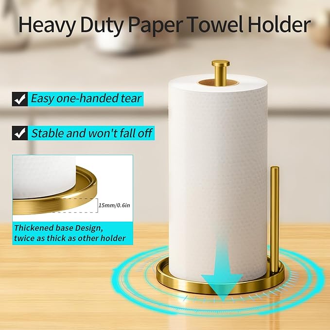 Paper Towel Holder Countertop, Standing Paper Roll Holder with Anti Slip Weighted Base, Stainless Steel Freestanding Paper Towel Holder for Kitchen, Gold - Image 3