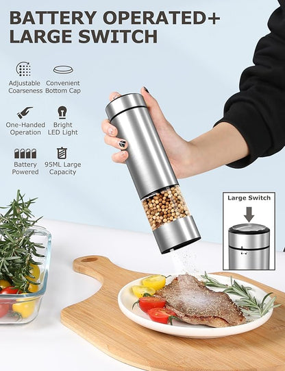 innhom Electric Salt Grinder Pepper Grinder Battery Operated Stainless Steel Pepper Mill Automatic Salt and Pepper Grinder with Adjustable Coarseness, 1 Pack