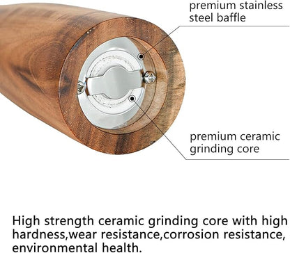 Wooden Salt and Pepper Grinder Set,Manual Salt and Pepper Mill,Acacia wood Salt Grinder Refillable,Pepper Mill with Adjustable Coarseness,Salt and Pepper Shakers Tableware Gifts 10" 2PCS