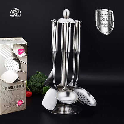 Kitchen Utensil Set – 6 Piece Stainless Steel Cooking Utensils with Rotating Holder Organizer Includes Slotted Spoon, Slotted Spatula, Large Spoon, Soup Ladle, Spatula, Pasta Server Silver/7PCS - Image 6