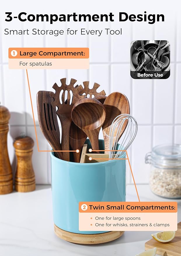 LoeJan 3 Compartment Utensil Holder, Extra Large Utensil Crock, Stable Ceramic Utensil Organizer, Cooking Tool Organizer Set for Kitchen Counter Farmhouse Decor, Turquoise - Image 3
