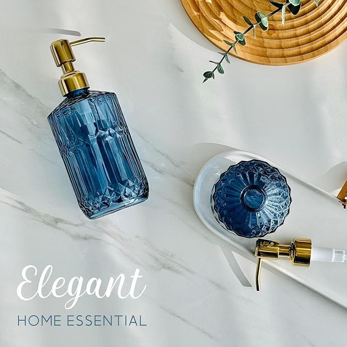 JASAI 18Oz Blue Glass Soap Dispenser with Golden Pump, Refillable Bathroom soap Dispenser with Thick Glass, Clear Kitchen Soap Dispenser for Dish Soap, Hand soap, Lotion.(Blue) - Image 5