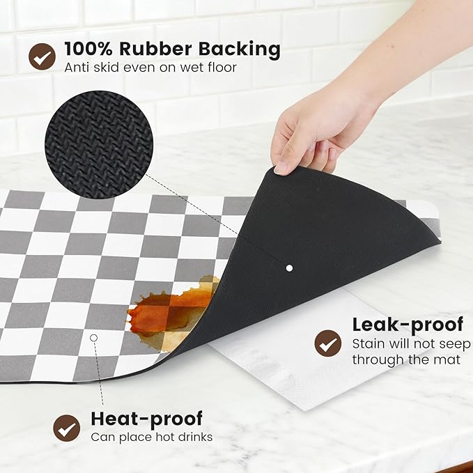 17" x 32" Checkered Dish Drying Mat for Kitchen Counter, Absorbent Coffee Bar Mat for Espresso Machine Coffee Countertops Accessories, Grey - Image 4