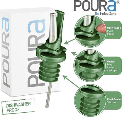 AIRTIGHT Olive Oil Pour Spout for Olive Oil Dispenser - UK Patented Oil Pourer - Hygienic One Handed Open Close Mechanism Keeps Oil Fresh. Dust Caps Cover | Screens Alternative - Green 2 PCs