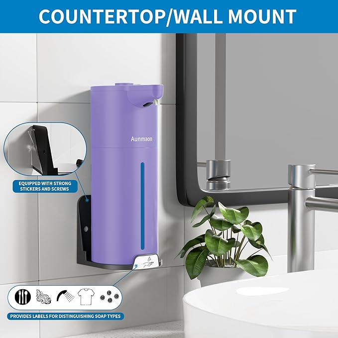 Aunmaon Automatic Soap Dispenser Touchless, Hands-Free, Multi Adjustable Volume, Long Battery Life, Compatible with Thick & Thin Dish/Hand Soap for Bathroom and Kitchen, Easy for Toddlers, Purple - Image 5