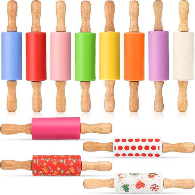 Mini Silicone Rolling Pin for Kids, Non-stick Surface Wood Handle, 9 Inch 12 Pack by Honglida