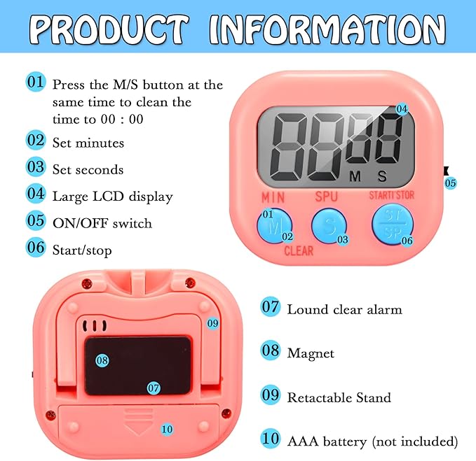 Xuhal 50 Pieces Digital Kitchen Timer Bulk, Small Magnetic Timers for Classroom, Digits Stopwatch Clock Timer for Cooking Baking Sports Games Office, Not Including Battery (Pink,Orange) - Image 3