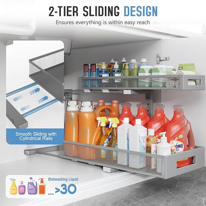 2 Pack 20.47IN Depth Under Sink Storage Organizer, Large 2-Tier Elegant Mesh Pull Out Shelf for Kitchen and Bathroom Cabinet Organization, L-Shaped and Adjustable Height Design-Gun Gray - Image 4