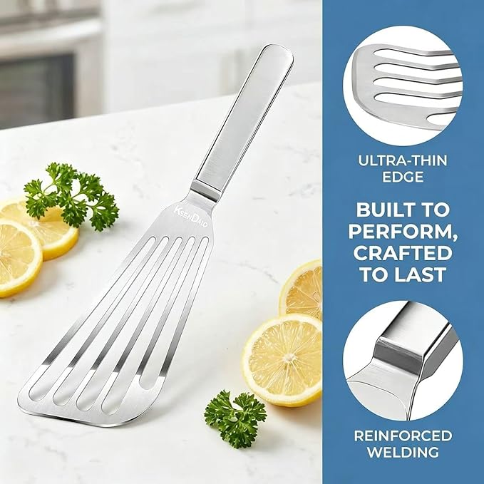KSENDALO Thin Fish Spatula Stainless Steel -Flexible Slotted Egg Flipper with Angled Blade & Comfortable Hollow Grip, Metal Turner for Fish Egg Omelettes Pancakes, All Cookware, Dishwasher Safe