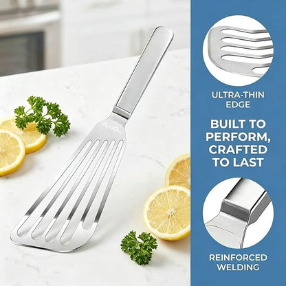KSENDALO Thin Fish Spatula Stainless Steel -Flexible Slotted Egg Flipper with Angled Blade & Comfortable Hollow Grip, Metal Turner for Fish Egg Omelettes Pancakes, All Cookware, Dishwasher Safe