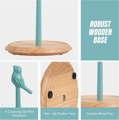 Wooden Paper Towel Holder countertop, Stylish Bird Shaped,Solid Wood Base&Iron Top, with Non-Slip Mat, Stable&Durable,Paper Towel Holder Farmhouse Style to Elevate Your Kitchen's Décor (Blue) - Image 6