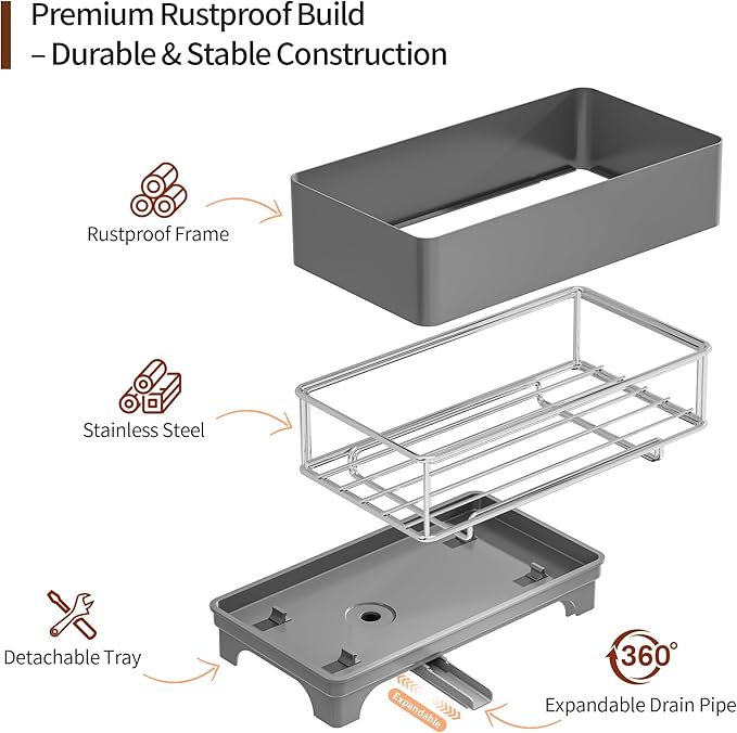 MOUKABAL Sponge Holder for Kitchen Sink – Rustproof Stainless Steel, 360° Rotating Drain Pipe, Large Counter Organizer with Drip Tray for Sponges, Brushes & Dish Cloths Grey - Image 3