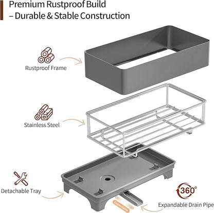 MOUKABAL Sponge Holder for Kitchen Sink – Rustproof Stainless Steel, 360° Rotating Drain Pipe, Large Counter Organizer with Drip Tray for Sponges, Brushes & Dish Cloths Grey - Image 3