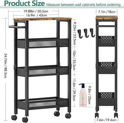 Vivihomety Utility Slim Storage Cart with Wheels, 4 Tier Small Rolling Cart with Wood Top, Metal Kitchen Bathroom Laundry Room Organization Trolley with Handle for Narrow Space – Black - Image 5