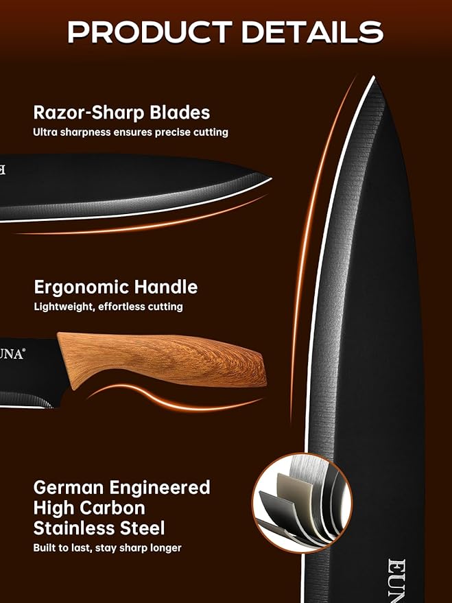 EUNA Knife Block Set, 19 PCS Kitchen Knife Set with Acrylic Block and Sharpener, German High-Carbon Stainless Steel Knife Sets with 6 Serrated Steak Knives, Bread Knife, Chef Knife, Dishwasher Safe
