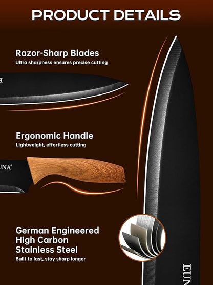 EUNA Knife Block Set, 19 PCS Kitchen Knife Set with Acrylic Block and Sharpener, German High-Carbon Stainless Steel Knife Sets with 6 Serrated Steak Knives, Bread Knife, Chef Knife, Dishwasher Safe