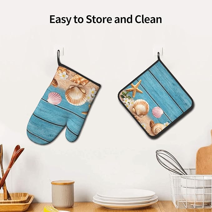 Coastal Oven Mitts and Pot Holders Sets Navy Blue Wooden Starfish Seashell Oven Glove Hot Pads for Kitchen Summer Beach Chef Gifts for Cooking Lover Cooks - Image 6
